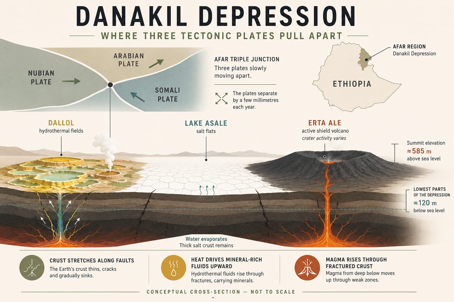 Danakil Depression geological cross-section showing the Afar Triple Junction, Dallol, Lake Asale and Erta Ale