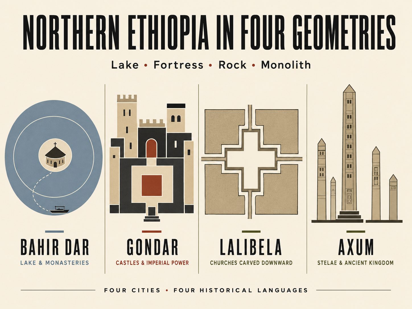 Geometric comparison of Bahir Dar, Gondar, Lalibela and Axum on Ethiopia’s Historic Route